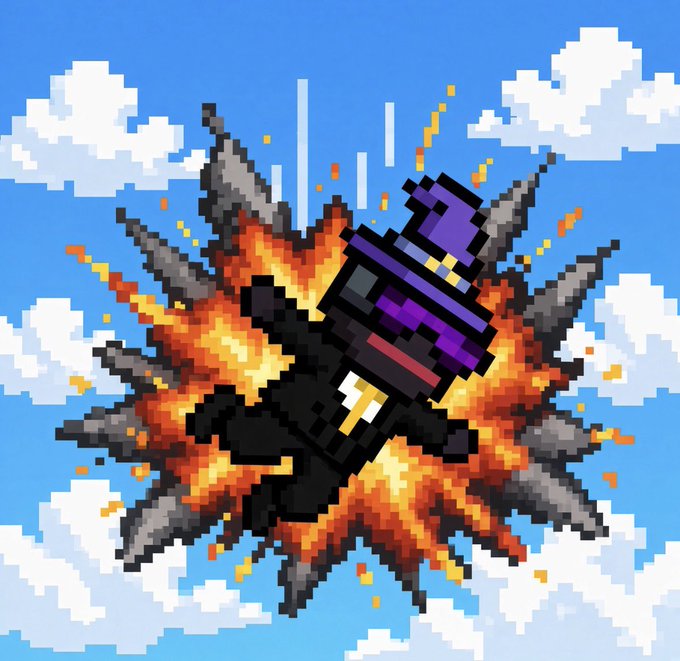 A pixel art illustration depicting a black bomb-like figure with a purple top hat in the center of a fiery orange and yellow explosion against a blue sky with white clouds.