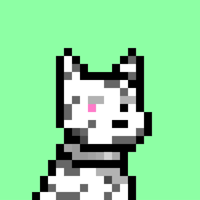 A pixel art illustration of a white and gray cat-like character with a small pink nose against a bright green background.