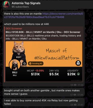 A Telegram post from 'Asteromia Top Signals' about memecoins BILLI and WMNT on Mantle/Okex, featuring a cat meme image with text 'Mascot of #NewFinancialPlatform' and trading data showing MCAP -13.09%.