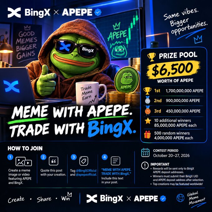 This promotional graphic advertises a BingX and APEPE meme contest featuring a hooded Pepe frog character giving a thumbs-up, with a $6,500 prize pool divided into APEPE token rewards (1,700,000,000 for 1st place, 900,000,000 for 2nd, 450,000,000 for 3rd, plus 85,000,000 for ten additional winners and 4,000,000 for 500 random winners), running October 20-27, 2026, with instructions to create a meme or video, quote the post, tag @BingXOfficial and @apepeofficial, and include the text "MEME WITH APEPE. TRADE WITH BingX."