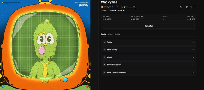 The image shows an OpenSea NFT listing page for a "Wackyville" collection with a top bid of 1.40 ETH and a last sale of 1.46 ETH, displayed alongside a cartoon green character wearing a yellow tie displayed on an orange TV. The post celebrates buying the floor at 1.45 ETH to join the community, referencing the listing's pricing details confirming the purchase price fell between the existing bid and last sale.