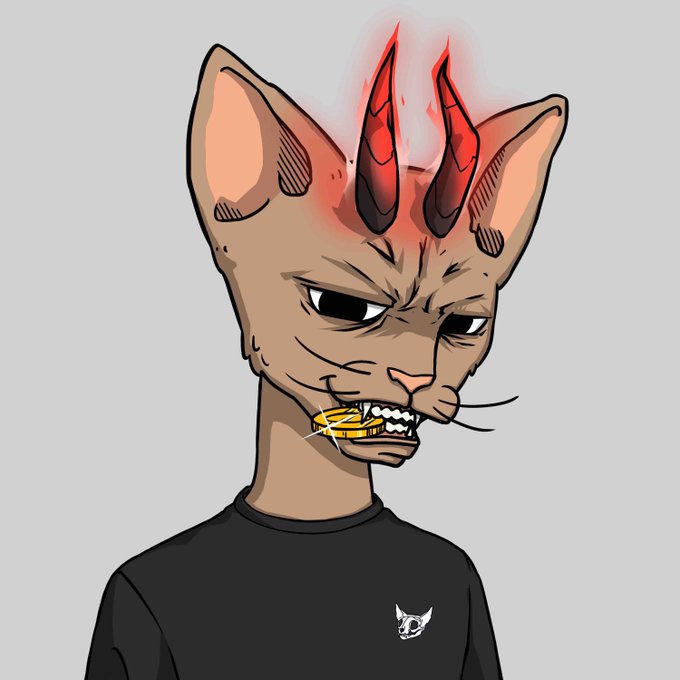 An anthropomorphic cat character with glowing red devil horns, sharp teeth, and a gold grill biting down on a gold coin, wearing a black shirt featuring a small demon logo. The image's edgy, rebellious aesthetic aligns with the post's promotion of a Solana NFT drop, visually reinforcing the crypto/DeFi theme through the gold coin "mint" reference and devilish branding.