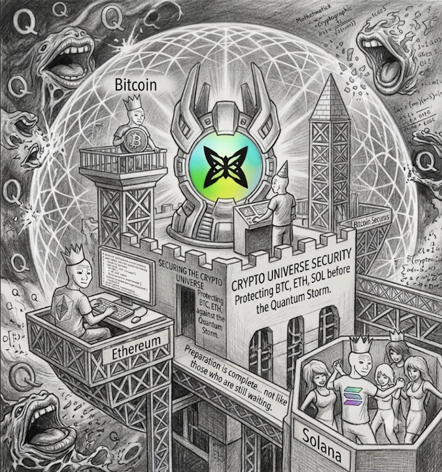 An elaborate black-and-white illustration shows a central fortress labeled "CRYPTO UNIVERSE SECURITY" with the message "Securing the Crypto Universe: Protecting BTC, ETH, SOL before the Quantum Storm," featuring a glowing teal Q symbol at its center. Watchtowers for Bitcoin, Ethereum, and Solana are manned by crowned figures, while monstrous "Q" characters lurk in the background amid mathematical formulas—visually echoing the post's theme of Quip Network democratizing access to quantum computing for protecting the crypto ecosystem.