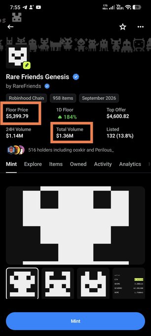 A mobile app screenshot for 'Rare Fiends Genesis' by RareFriends shows an item with a Floor Price of $5,399.79, 1D Floor of 184%, and Total Volume of $1.36M, featuring a pixelated skull icon.