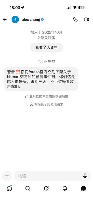 A Chinese Instagram DM screenshot showing user "alex zhang" sending a threatening message demanding the immediate removal of "foreso" official predictions regarding BitMart exchange, with a 3-day deadline warning of consequences for non-compliance. The message, dated "Today 16:12," supports the accompanying post about Foreso releasing screenshots of blackmail threats related to their BitMart prediction markets.