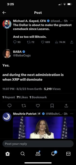 A Twitter/X post thread where Michael A. Gayed (@lead...) predicts the Dollar's greatest comeback and BABA (@BabaCugs) responds about XRP dominating during the next administration.