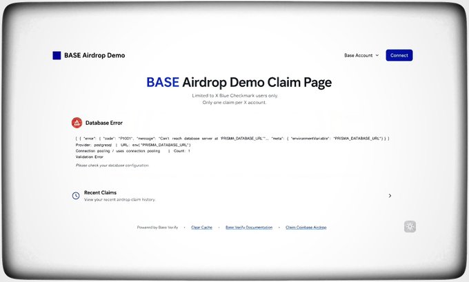 A 'BASE Airdrop Demo Claim Page' displaying a 'Database Error' related to a Prisma database URL, with options to view recent claims.