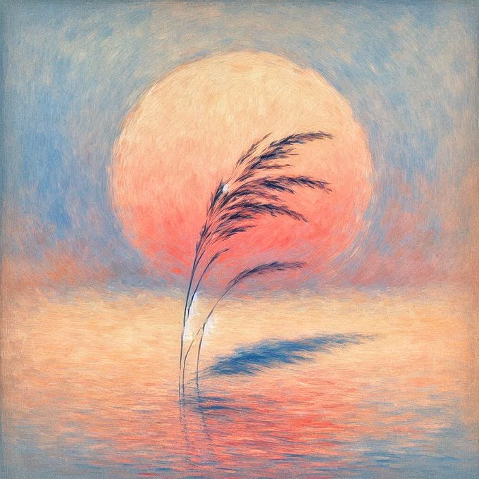 A pastel-colored painting depicting a tall, thin plant silhouetted against a large, glowing sun or moon setting over water.