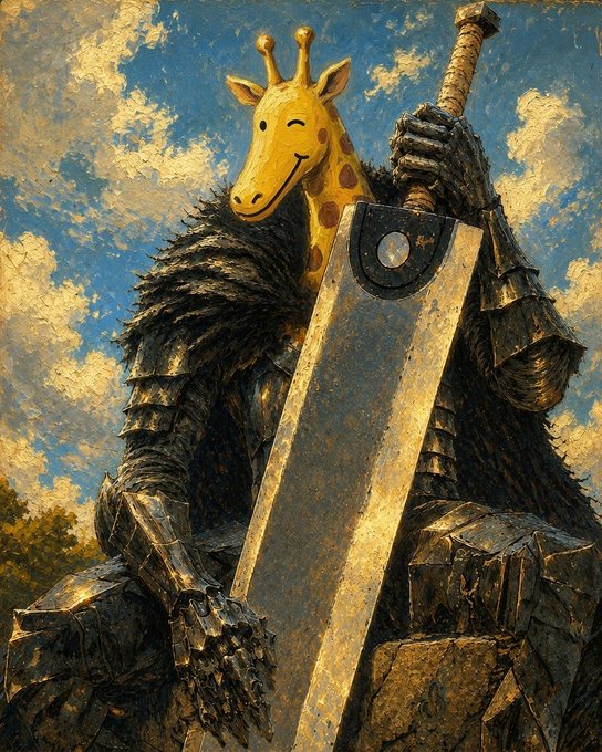 A surreal oil painting depicts a warrior in dark, fur-lined armor wielding a massive sword, with a comically cartoonish giraffe head smiling atop the armored body. The image humorously visualizes the idea of "launching $giraffe" by presenting a powerful, sword-wielding giraffe warrior as a metaphor for taking bold action in trading.

There is no visible text or ticker on the image itself.