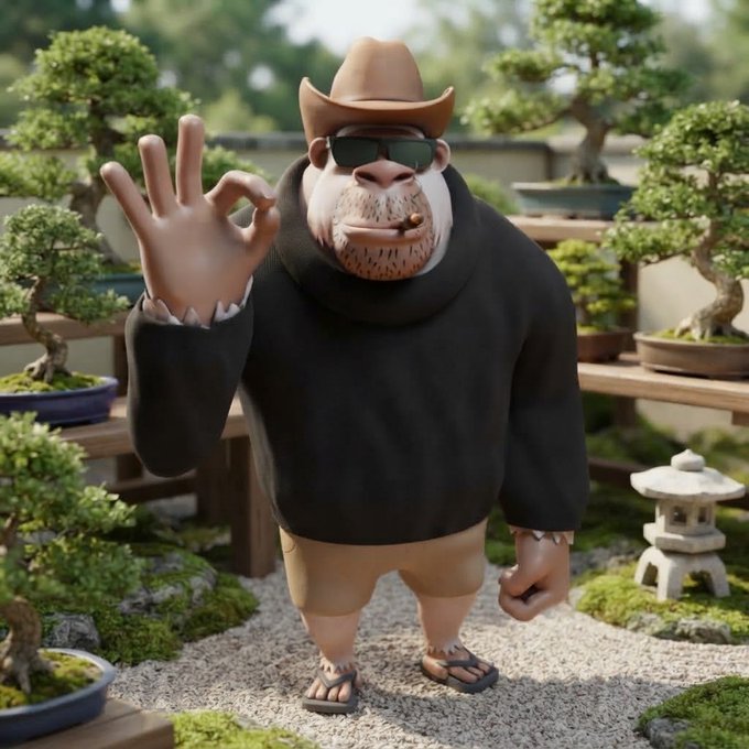A 3D-rendered gorilla character wearing a cowboy hat, sunglasses, and black sweater making an 'OK' hand gesture in a serene Japanese-style garden with bonsai trees.