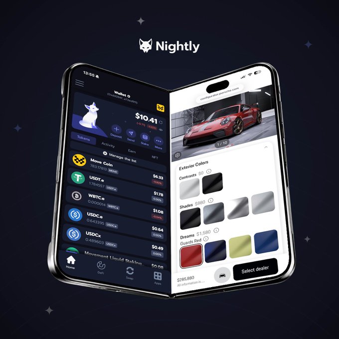 A promotional image of the 'Nightly' crypto wallet app displayed on a foldable phone, showing a wallet with $10.41 balance, token list (Move Coin, USDTe, WBTCe, USDCe, USDCx), and a Porsche car configurator with exterior color options.