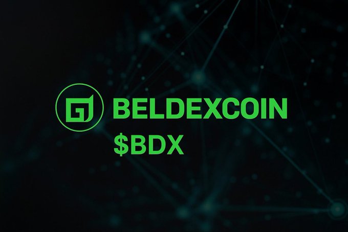 A dark digital graphic with green text displaying the logo and ticker for 'BELDEXCOIN $BDX' against a background of connected network nodes.