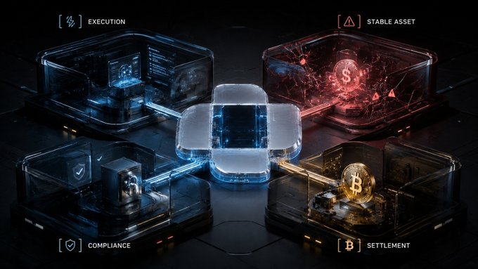A futuristic digital dashboard displaying four labeled modules—'EXECUTION,' 'STABLE ASSET,' 'COMPLIANCE,' and 'SETTLEMENT' (with a Bitcoin logo)—arranged around glowing holographic cubes and screens.