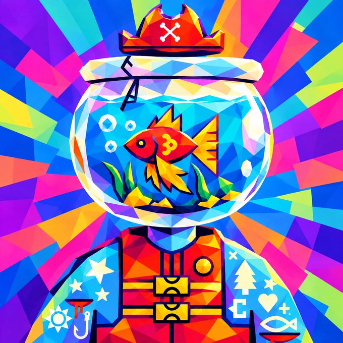 A vibrant, pop-art style illustration features a figure in a colorful uniform wearing a fishbowl helmet with a crown on top, containing a tropical fish and seaweed against a bright geometric background.