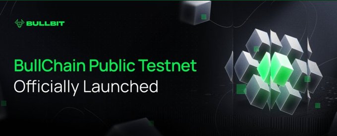The image is a promotional banner announcing the launch of the BullChain Public Testnet, featuring the Bullbit logo in the top left and "BullChain Public Testnet Officially Launched" in bold white and green text against a dark background with abstract 3D cube graphics. It serves as a visual announcement for Bullbit DEX's newly available L1 testnet, which users can join for free to test the infrastructure and potentially earn future rewards.