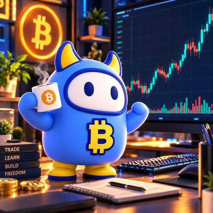 A 3D-rendered blue mascot with cat ears holding a Bitcoin-themed coffee mug, standing on a desk in front of a monitor displaying a candlestick chart; nearby books are labeled 'TRADE', 'LEARN', 'BUILD', 'FREEDOM'.