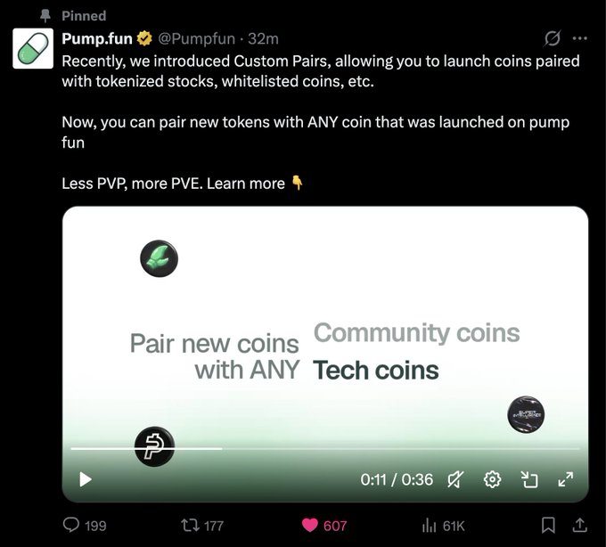 A pinned tweet from Pump.fun (@Pumpfun) announces that users can now pair new tokens with any coin launched on pump.fun, featuring a video thumbnail promoting 'Pair new coins with ANY Community coins' and 'Tech coins.'