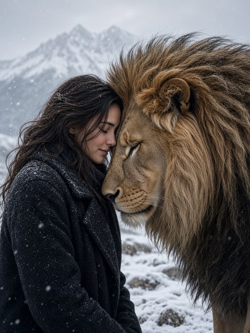 A woman in a dark coat pressing her forehead against a large lion in a snowy mountain landscape, with snowflakes falling around them.
