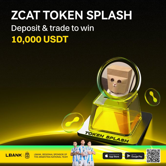A LBank promotional graphic for the $ZCAT Token Splash campaign, featuring a 3D cardboard cat character encased in a glass trophy, advertises a 10,000 USDT prize pool for depositing and trading $ZCAT. The banner highlights LBank's role as a regional sponsor of the Argentina National Team and includes app download links and a QR code, aligning with the event's deposit and trading rewards.