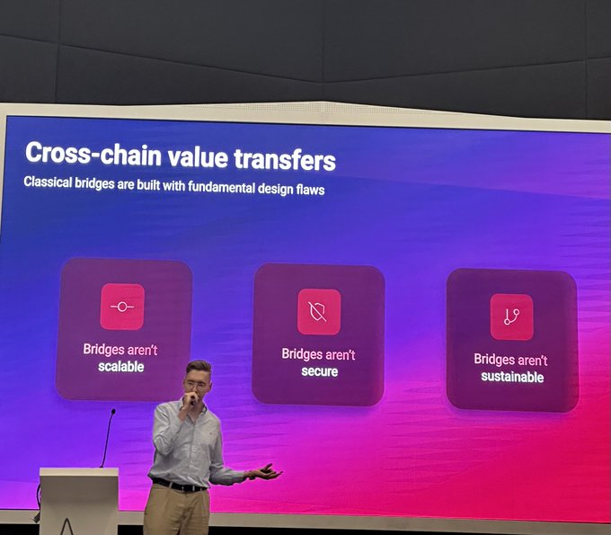 A man presents at a VC demo day, standing before a large screen titled "Cross-chain value transfers" with the subtitle "Classical bridges are built with fundamental design flaws." The slide highlights three issues with bridges—they aren't scalable, secure, or sustainable—connecting to the caption's reflection on Alex Smirnov's deBridge pitch from November 2023 that ultimately led the poster to join the company years later.