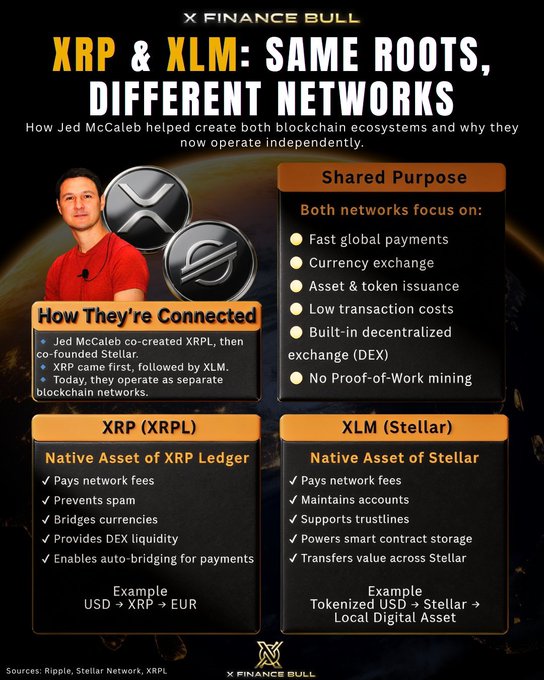 An infographic titled 'XRP & XLM: SAME ROOTS, DIFFERENT NETWORKS' from X Finance Bull, detailing how Jed McCaleb co-created both blockchain ecosystems, comparing the native assets of XRP Ledger and Stellar with examples like USD → XRP → EUR.