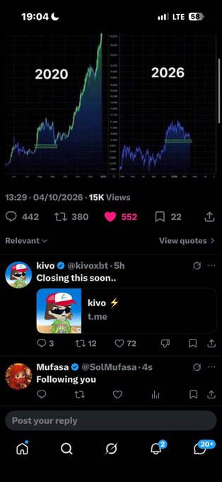 A screenshot of a post comparing two line graphs labeled '2020' and '2026' showing similar chart patterns, dated 04/10/2026.
