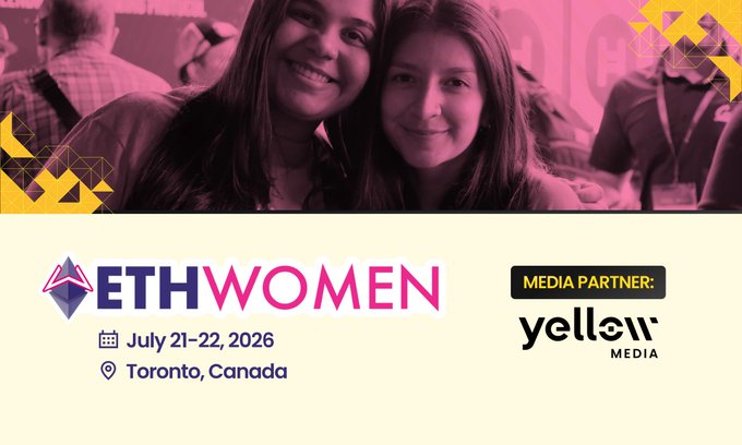 A promotional graphic for ETHWomen features a pink-tinted photo of two smiling women at an event, with text indicating the conference will take place July 21-22, 2026 in Toronto, Canada, alongside logos for ETHWomen and Yellow Media as the official media partner, visually reinforcing the post's announcement of Yellow Media's partnership with the Web3-focused event.