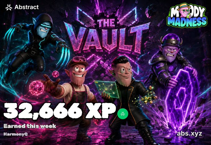 An Abstract XP earnings graphic showing "32,666 XP Earned this week" for user "HarmonyQ" with "MUDDY MADNESS" branding, featuring cartoon dwarven characters and "abs.xyz".