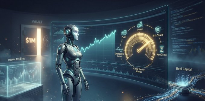 A futuristic digital illustration depicts a humanoid robot standing in front of glowing trading dashboards showing charts, a 'Risk Shield' gauge, and metrics labeled 'paper trading' and 'Real Capital'.