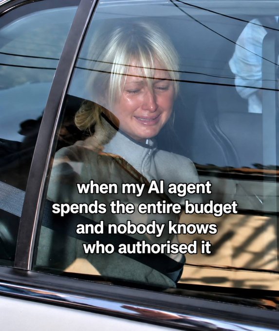 A crying blonde woman is seen through a car window with overlaid text reading: "when my AI agent spends the entire budget and nobody knows who authorised it."
