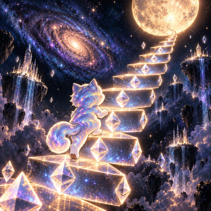 A cosmic cat ascends a staircase of glowing crystals toward a radiant moon, mirroring $MOON's steady climb as an Ethereum staking pool distributing ~6 ETH (~$15K) daily to holders.