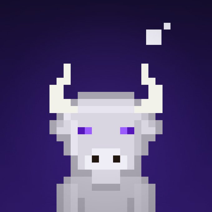 A pixel art illustration of a white creature with horns, purple eyes, and a bandage on its head, set against a deep purple background.