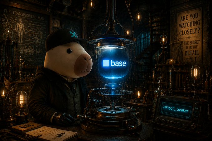 A whimsical illustration of a teddy bear character wearing a cap and jacket, working at a steampunk-style device with a glowing blue orb displaying the 'base' logo, with text reading 'THE TRANSPORTED MAN,' 'ARE YOU WATCHING CLOSELY?', 'THE SECRET IS IN THE DETAIL,' and '@Proof__Seeker'.