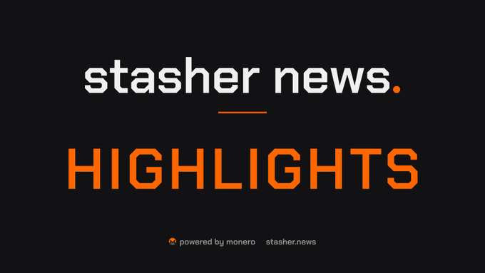 A graphic on a black background reading 'stasher news. HIGHLIGHTS' with smaller text 'powered by monero' and 'stasher.news' below.