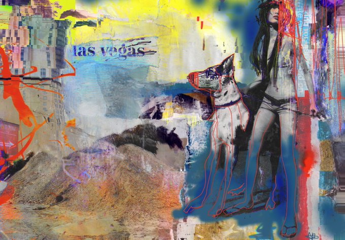 A colorful mixed-media digital artwork or collage depicting a woman standing next to a large dog (resembling a German Shepherd) against a backdrop that includes "las vegas" text, mountains, and urban elements with splashes of red, blue and yellow.