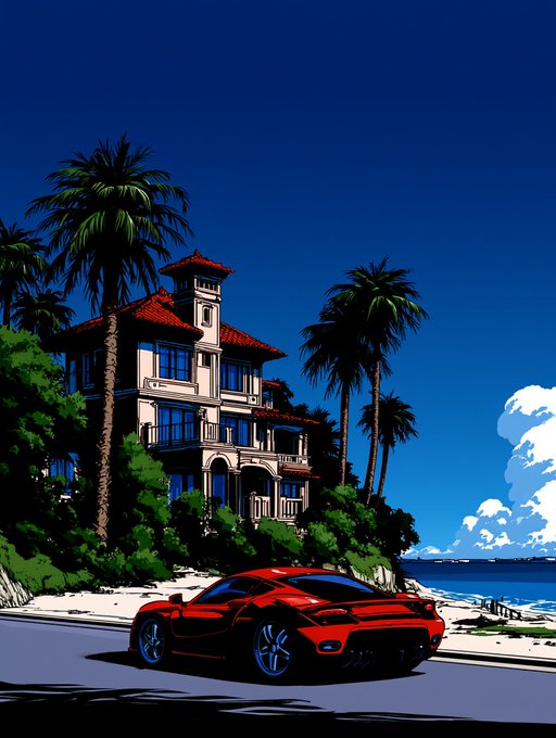 The image features a red sports car driving down a road next to palm trees, with a large house visible in the background. The scene appears to be set at a beach or near a resort area, as indicated by the presence of palm trees and the water. The caption reads "Gm Happy weekend Californian Dreams @objktcom 25 $XTZ". This suggests that the image is likely promoting a vacation rental property or a similar establishment in California.