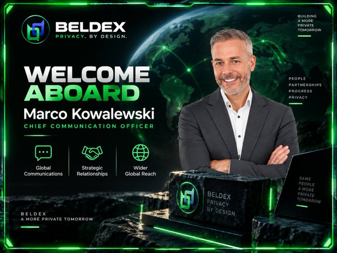 A welcome graphic for BELDEX introducing Marco Kowalewski as Chief Communication Officer, featuring green tech aesthetics and 'WELCOME ABOARD' text.