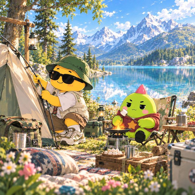 An illustration of two cartoon characters, one yellow wearing a green bucket hat and sunglasses and another green character, camping by a lake with snow-capped mountains in the background.