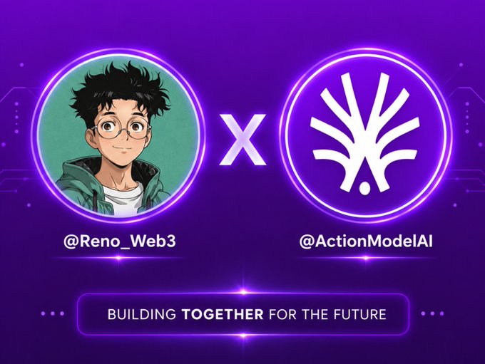 A promotional collaboration graphic featuring an illustrated avatar with the handle @Reno_Web3 alongside the @ActionModelAI logo, separated by an "X" symbol on a purple neon background, with the tagline "BUILDING TOGETHER FOR THE FUTURE." The image supports the post by visually showcasing a partnership announcement, illustrating the user's point about an ambassador program that valued genuine qualities over wallet size or referral metrics.