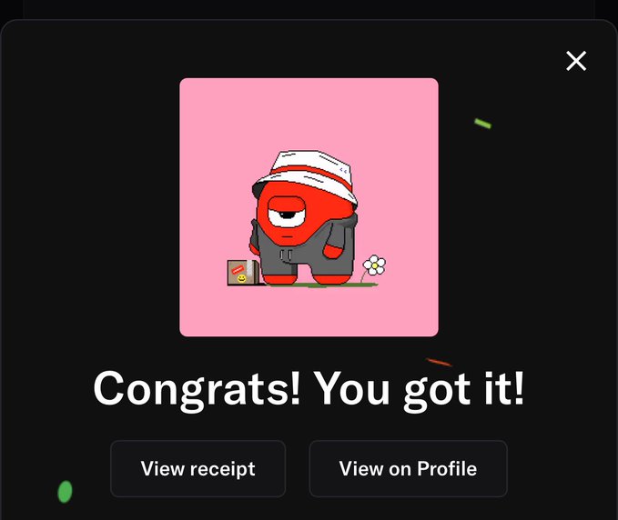 A mobile app pop-up showing a red cartoon character in a bucket hat with the text 'Congrats! You got it!' alongside 'View receipt' and 'View on Profile' buttons.