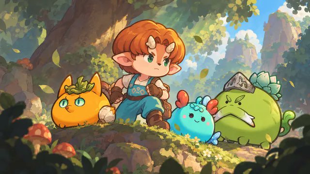 A young horned protagonist stands in a sunlit forest with three colorful, expressive creatures—an orange cat-like being, a blue round companion, and a green spiked monster—showcasing the charming AI-generated art style of an indie creature-collector RPG inspired by Axie Infinity's modular battle system. The whimsical character designs and vibrant fantasy setting visually reflect the post's description of a developer team's AI-powered approach to blending skilled game design with the Axie brand.