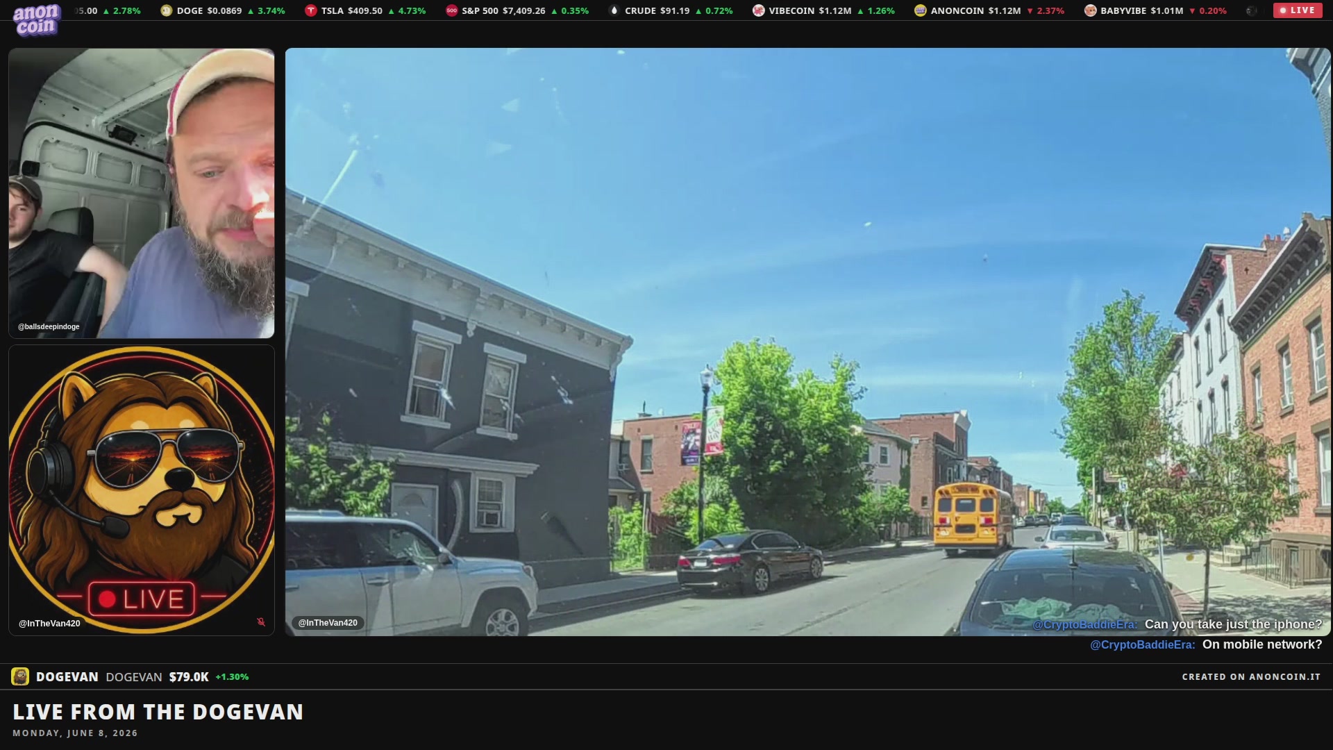 The image shows a man wearing sunglasses, sitting inside a car with a window rolled down, looking out onto a street scene. The background of the image features buildings and trees, creating an urban atmosphere. There are also several cars visible on the road below. In the bottom right corner of the image, there is a post that reads "Love from the Doge Van Get in the van we are about to drop bean off at his foster home." This message seems to be related to the car scene and the man's presence inside it.