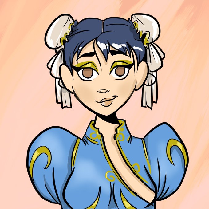 A digital illustration of the character Chun-Li from Street Fighter, depicted with her signature ox horns hair buns, yellow eyeshadow, and blue dress with gold trim, against a peach background.