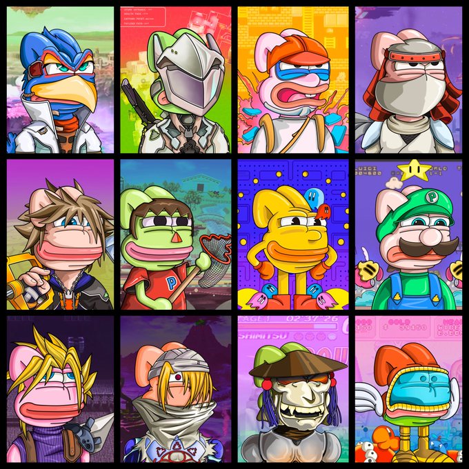 This grid features 12 unique "101 Arcade Pepes," each a 1/1 NFT reimagining vintage video game characters like Link, Luigi, and Star Fox in the form of Pepe the Frog. The NFTs are from a collection launched by @TheSocialTrauma and are available with a floor price of 0.3 ETH.