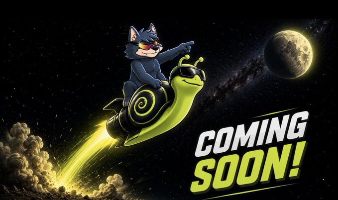A 'Coming Soon!' promotional graphic featuring a cartoon cat character riding a rocket-powered snail through space toward the moon.