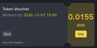 A Binance Token Voucher screen showing a redeemable amount of 0.0155 BNB, with a redemption deadline of 2026-12-07 19:49.