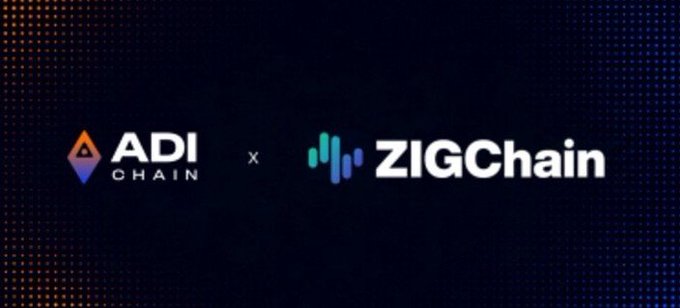 The image displays a partnership announcement graphic featuring the logos of "ADI Chain" (with an orange diamond emblem) and "ZIGChain" (with a blue chart icon), separated by an "x" on a dark dotted background. The graphic visually reinforces the post's message of a collaboration between the two projects to bring regulated stablecoin settlement to real-world assets and institutional onchain finance.
