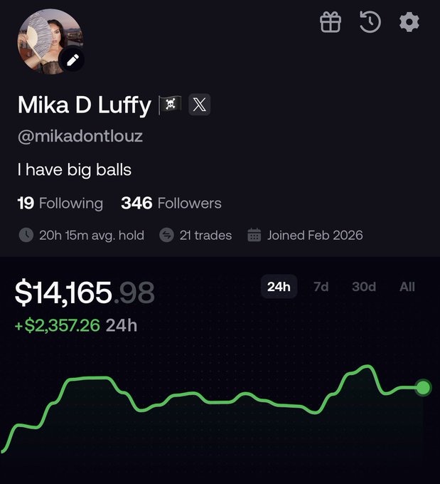 A profile screenshot for "Mika D Luffy" (@mikadontlouz) with the bio "I have big balls" shows a portfolio value of $14,165.98, up +$2,357.26 in 24h, with a green upward-trending chart—suggesting the trader is riding the recent crypto market rally associated with "on chain summer."