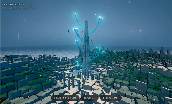 A 3D digital art piece titled "ACCRETION by MDV - SKUNK ACROSS TWO CHAINS" showing a futuristic cityscape with glowing blue energy tendrils emerging from a central spire.