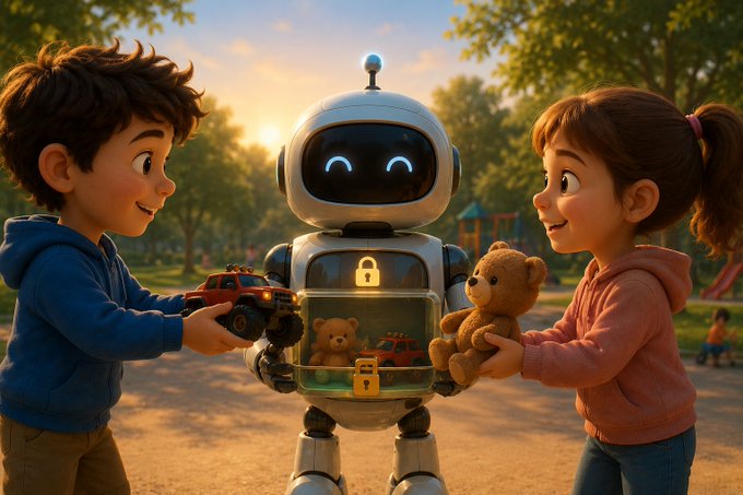 The image features a cartoon scene of two children, one wearing a blue hoodie and holding a toy car while another child with a pink hoodie holds a teddy bear. A robot figure is also present in the scene, standing next to them. The robot has a lock on its chest, which could be interpreted as a smart contract. 

The post seems to be discussing the concept of smart contracts and how they work. It uses an interesting comparison between the children's toys (the car and teddy bear) and the robot figure with a lock, suggesting that the robot is like a toy that only gives back its value if both parties keep their promise. The image captures this idea in a playful manner while still conveying the underlying concept of smart contracts.